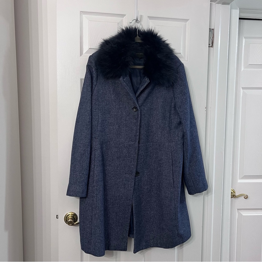 Banana Republic Dark Blue Pea Coat with Faux Fur Collar, XL